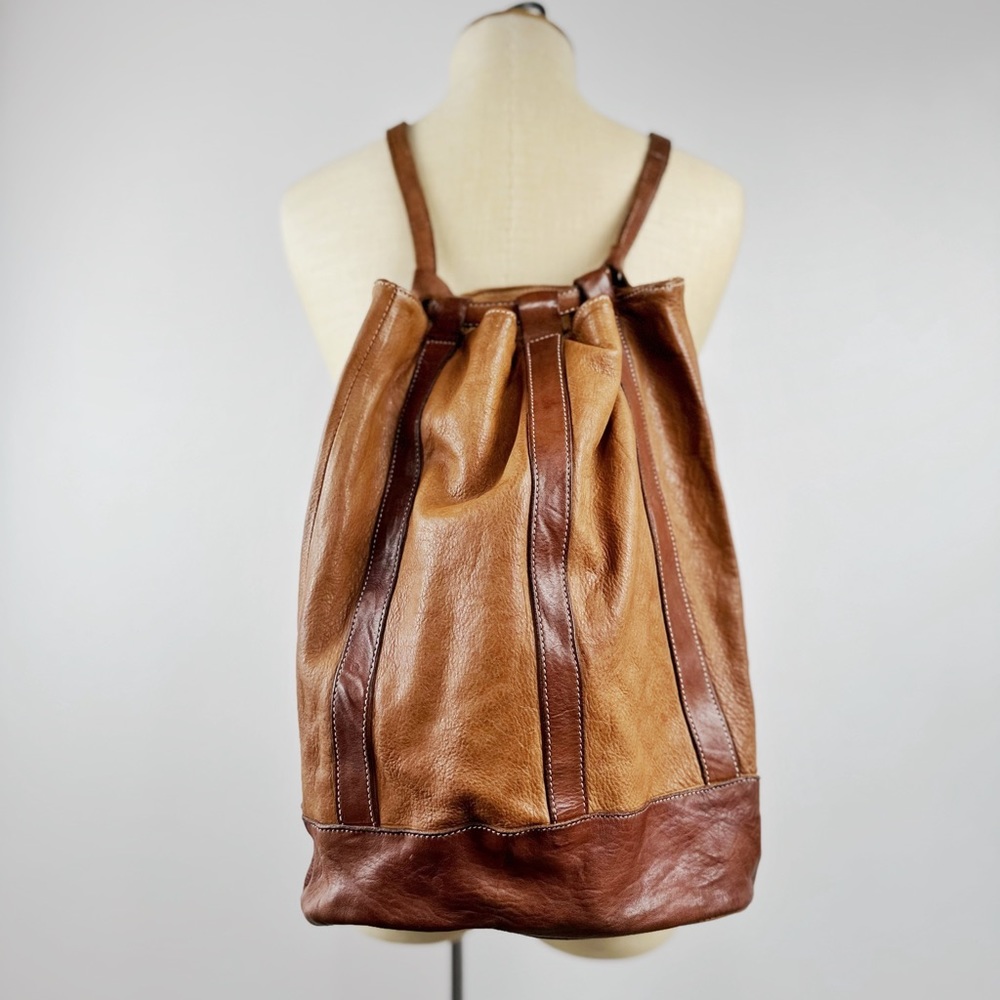 Vintage Sundance Cheval Leather Drawstring Backpack Tote Tan Brown